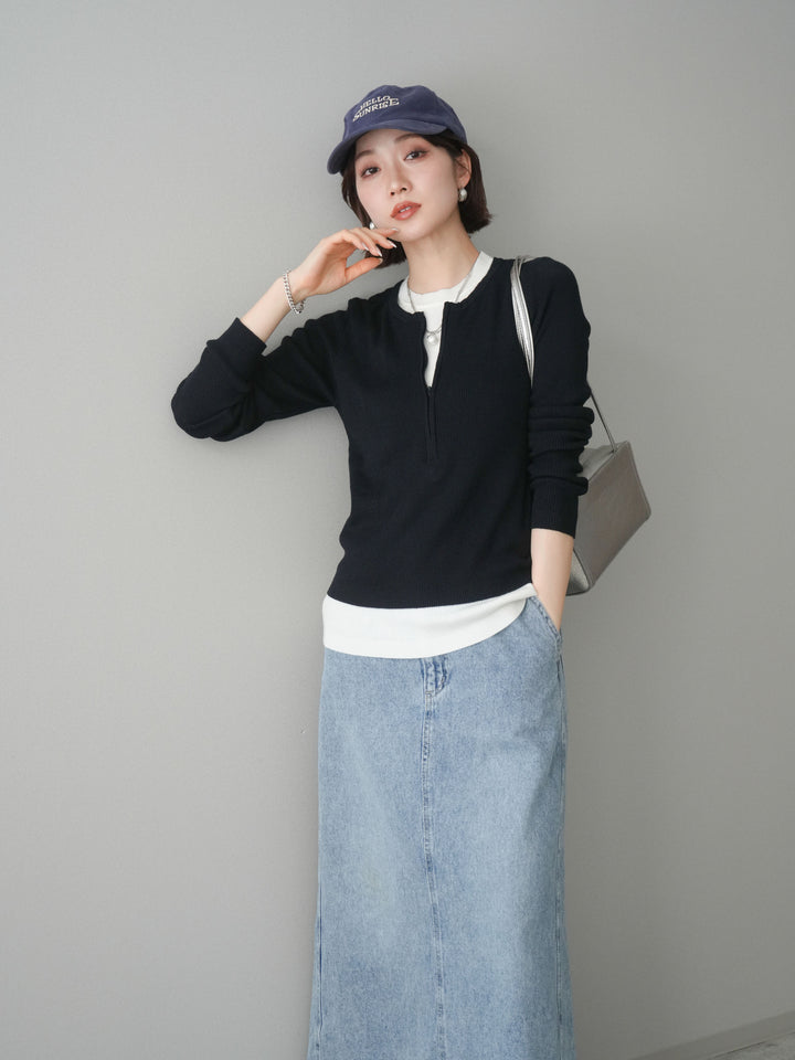 [予約]フロントジップ配色レイヤードニットトップス/navy