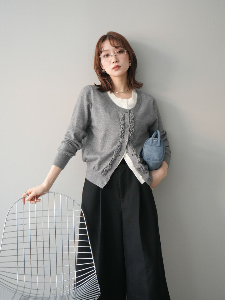 [予約]配色レイヤードフリルデザインニットカーディガン/gray