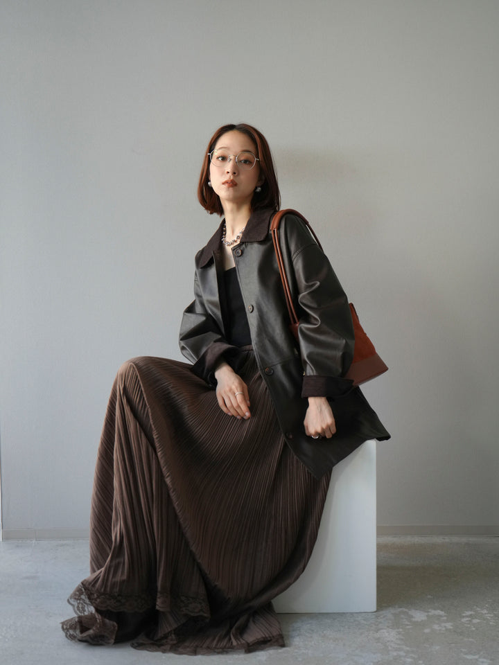 [予約]コーデュロイ襟レザーステンカラージャケット/ブラウン