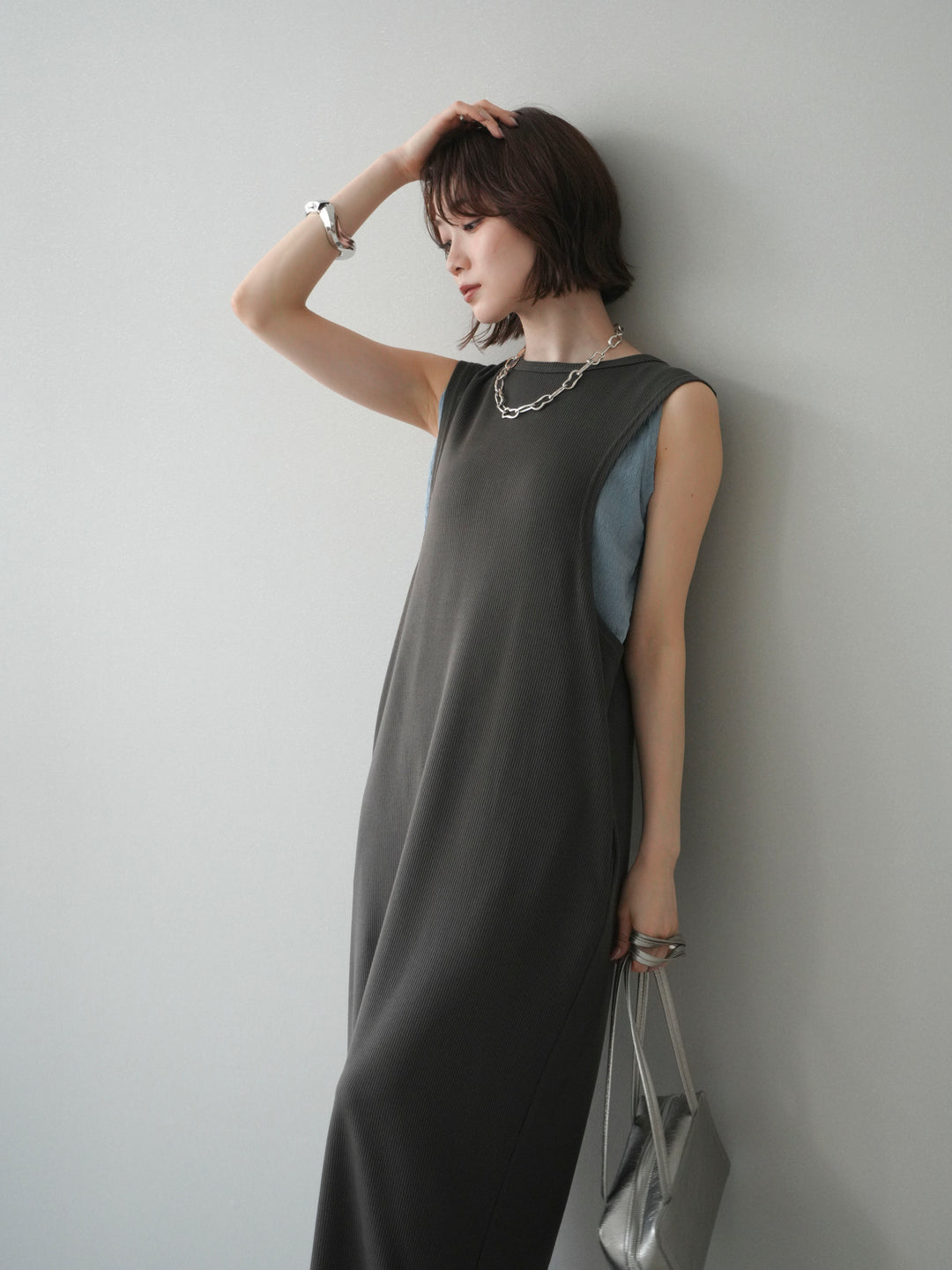 [予約]バイカラーレイヤードノースリーブワンピース/gray