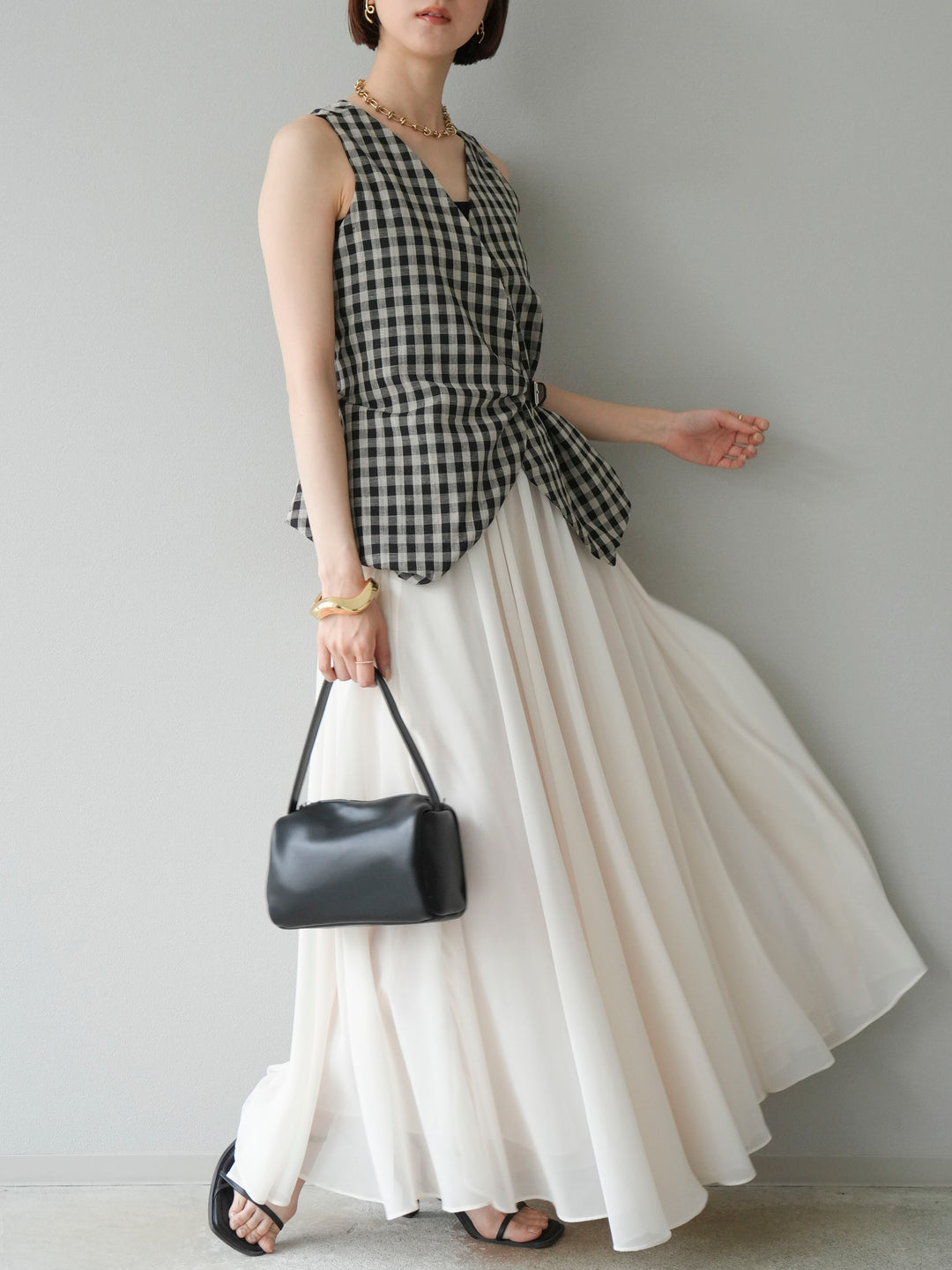 [SET]ベルトデザインバルーンブラウス+シフォンフレアスカート(2set)