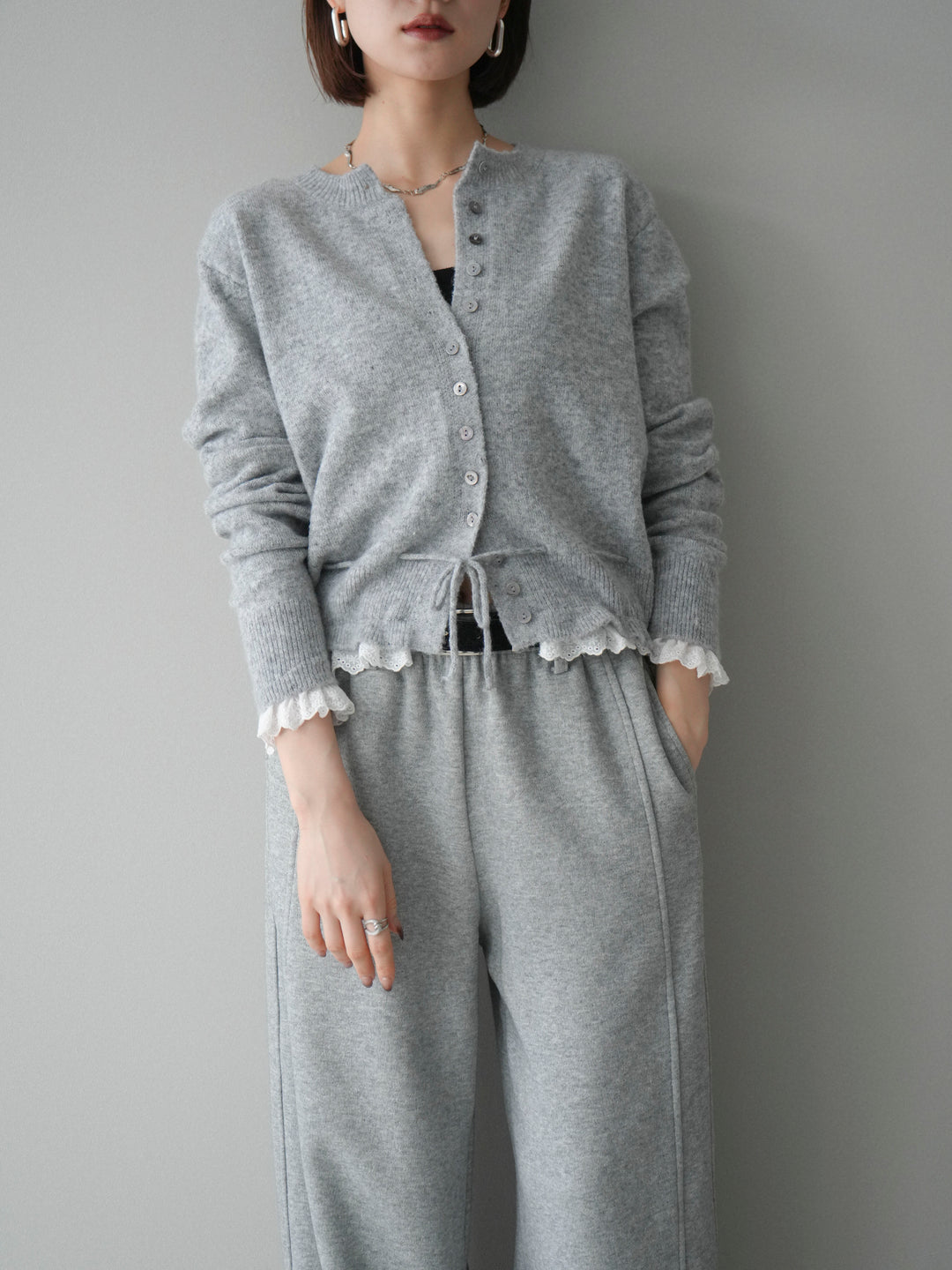 [SET]スカラップレース切り替ニットカーディガン+選べるアクセセット(2set)