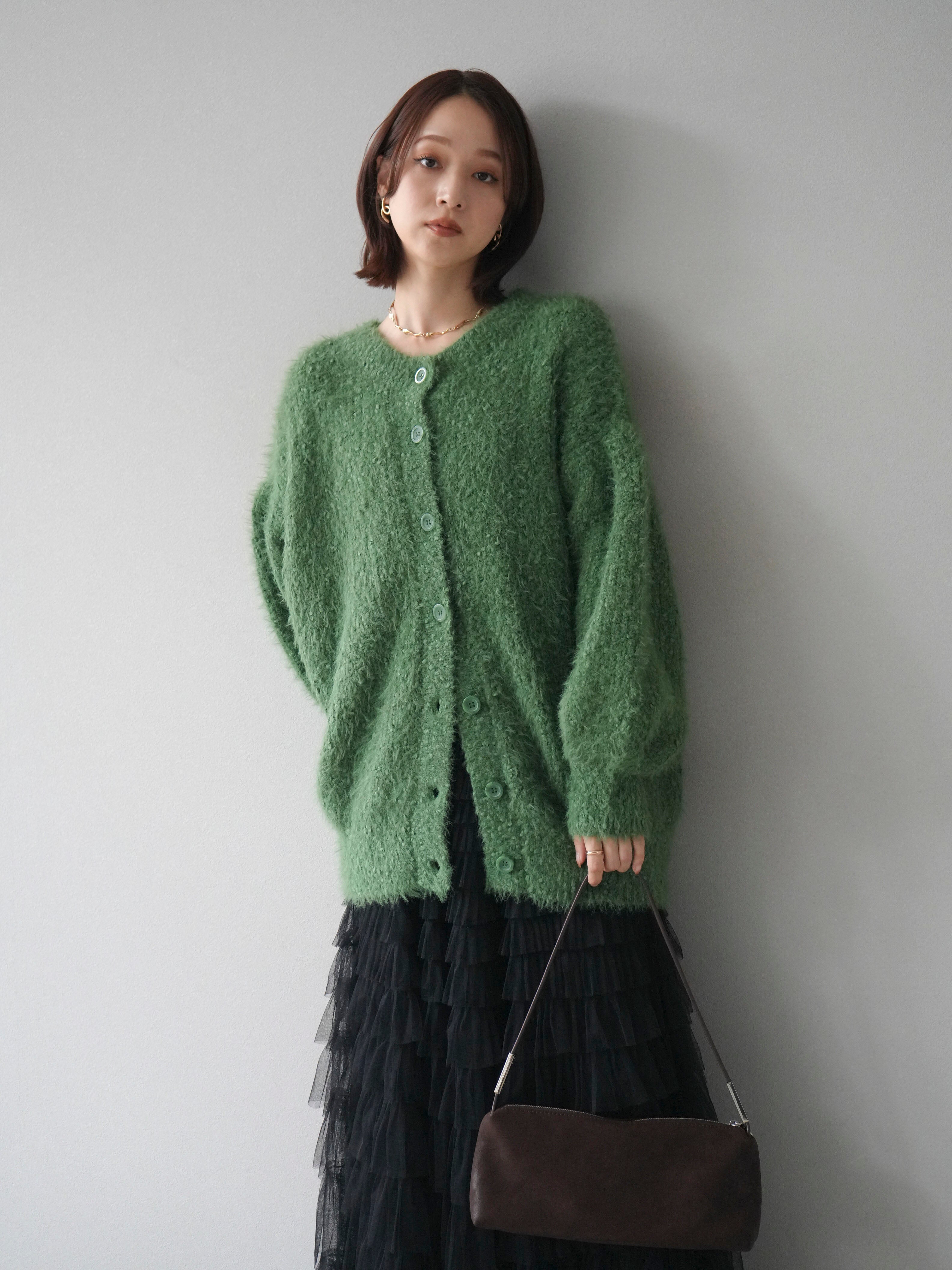 予約]クルーネックランダムシャギーカーディガン/グリーン – Lumier
