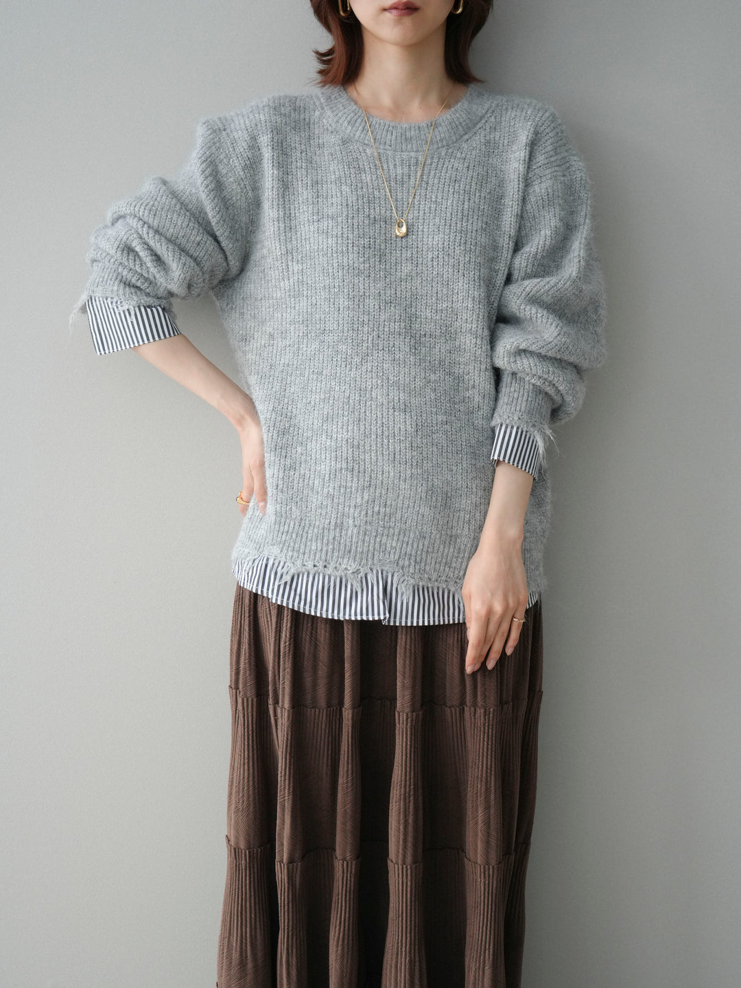 [SET]裾シャツレイヤードダメージニットプルオーバー+裾シャツレイヤードダメージニットプルオーバー(2set)