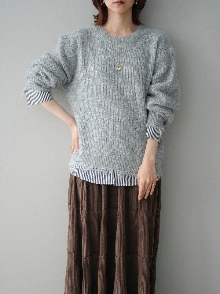 [SET]裾シャツレイヤードダメージニットプルオーバー+裾シャツレイヤードダメージニットプルオーバー(2set)