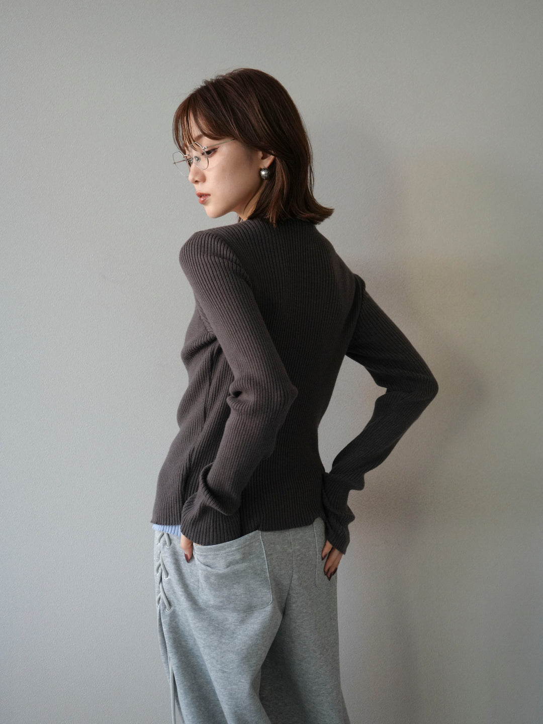 [予約]レイヤード配色ニットカーディガン/グレー