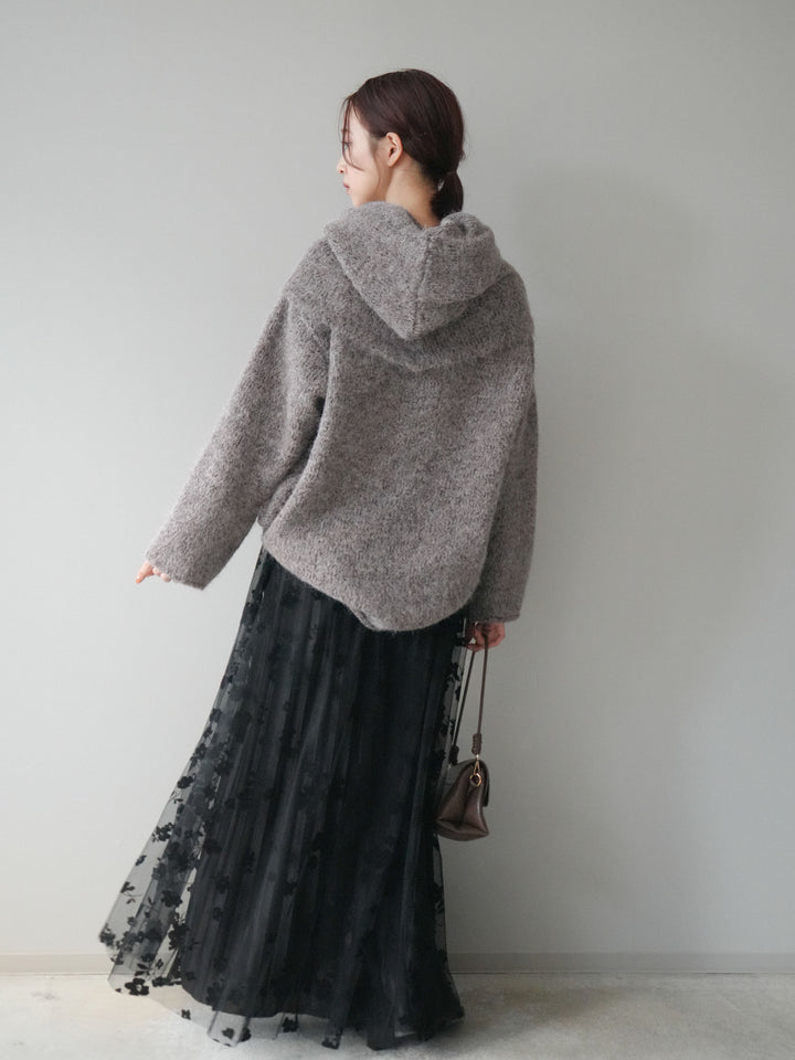 [予約]フラワーフロッキーチュールプリーツスカート/black