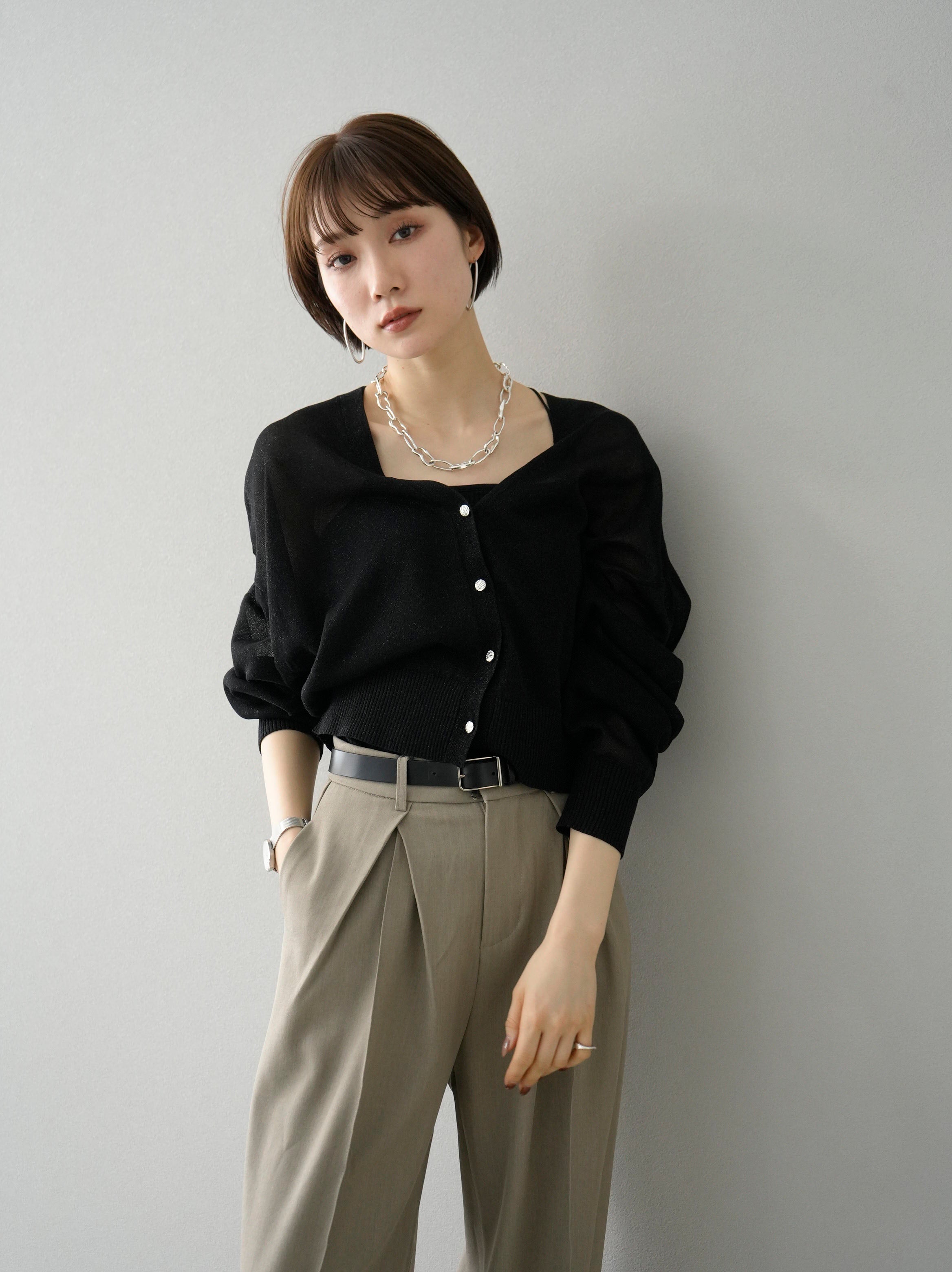 lumier ブラウス+キャミソール+ワイドパンツ(3SET) SET]ラメシアーニットカーディガン+ダブルストラップカットリブ