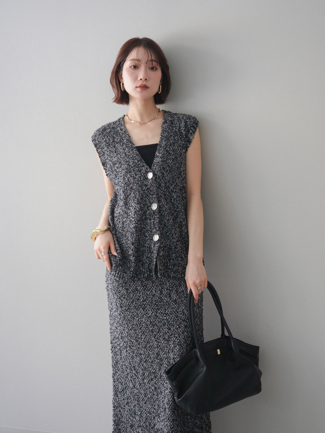 [予約]ミックススラブメタルボタンニットベスト/black