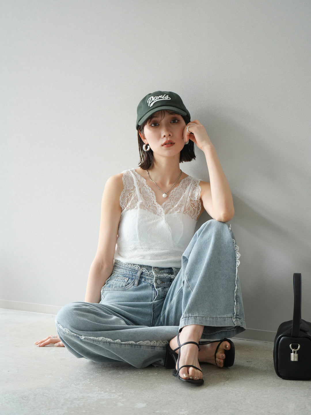 [予約]カップ付レースタンクトップ/ オフ