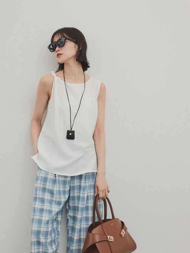 [SET] 扭紋無袖上衣配皮項鍊 + 扭紋無袖上衣配皮項鍊 (2件套)