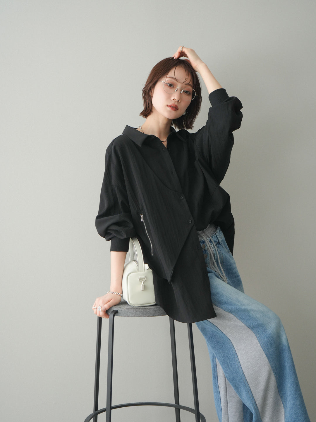 [予約]リブカフスアシンメトリーZIPデザインオーバーシャツ/black