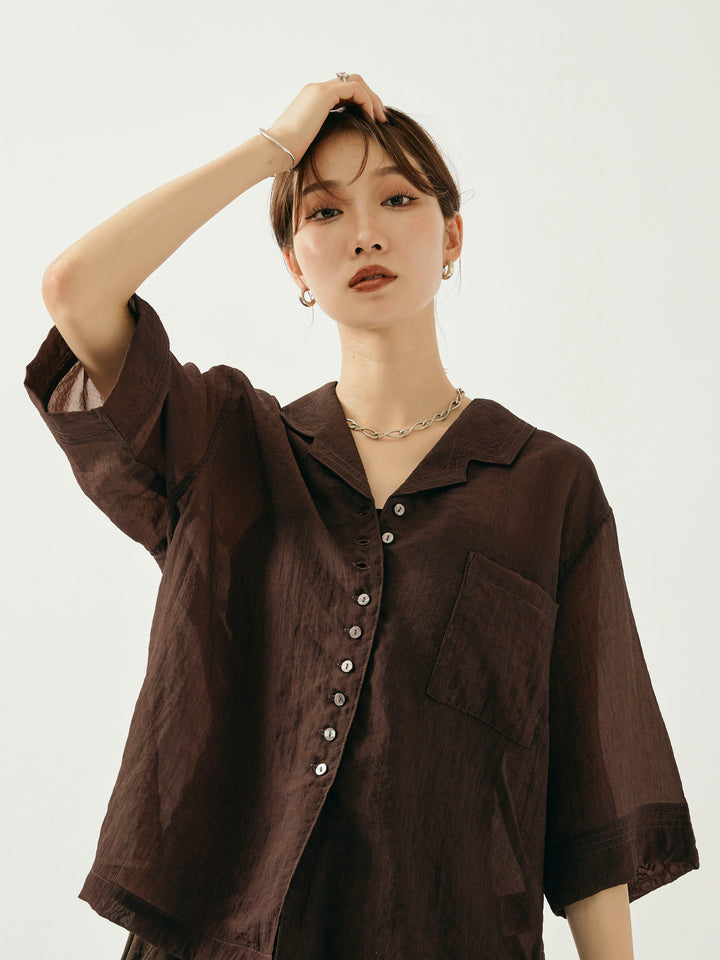 【Allure】[SET]シャイニースラブシアー開襟ハーフシャツ+シャイニースラブシアー開襟ハーフシャツ(2set)