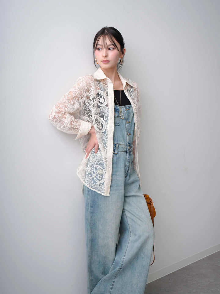 【套裝】薄紗佩斯利刺繡長袖襯衫+皮革拼接肩帶牛仔背帶褲（兩件套）