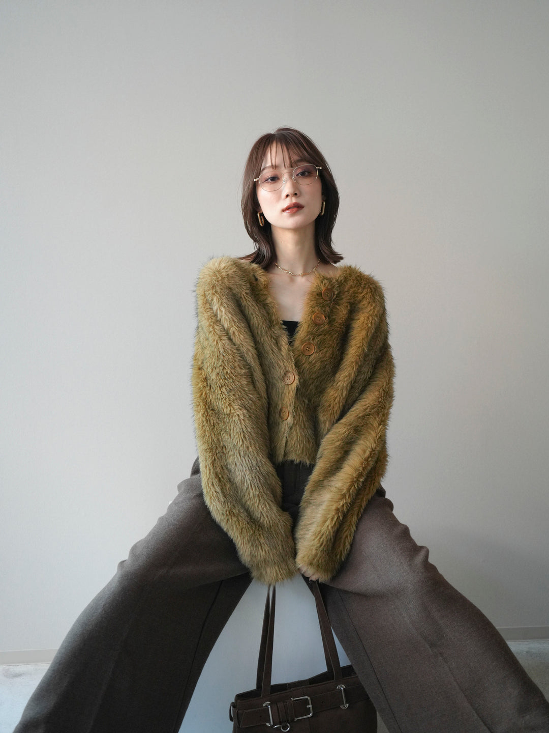 [予約]ミックスシャギーショートニットカーディガン/green