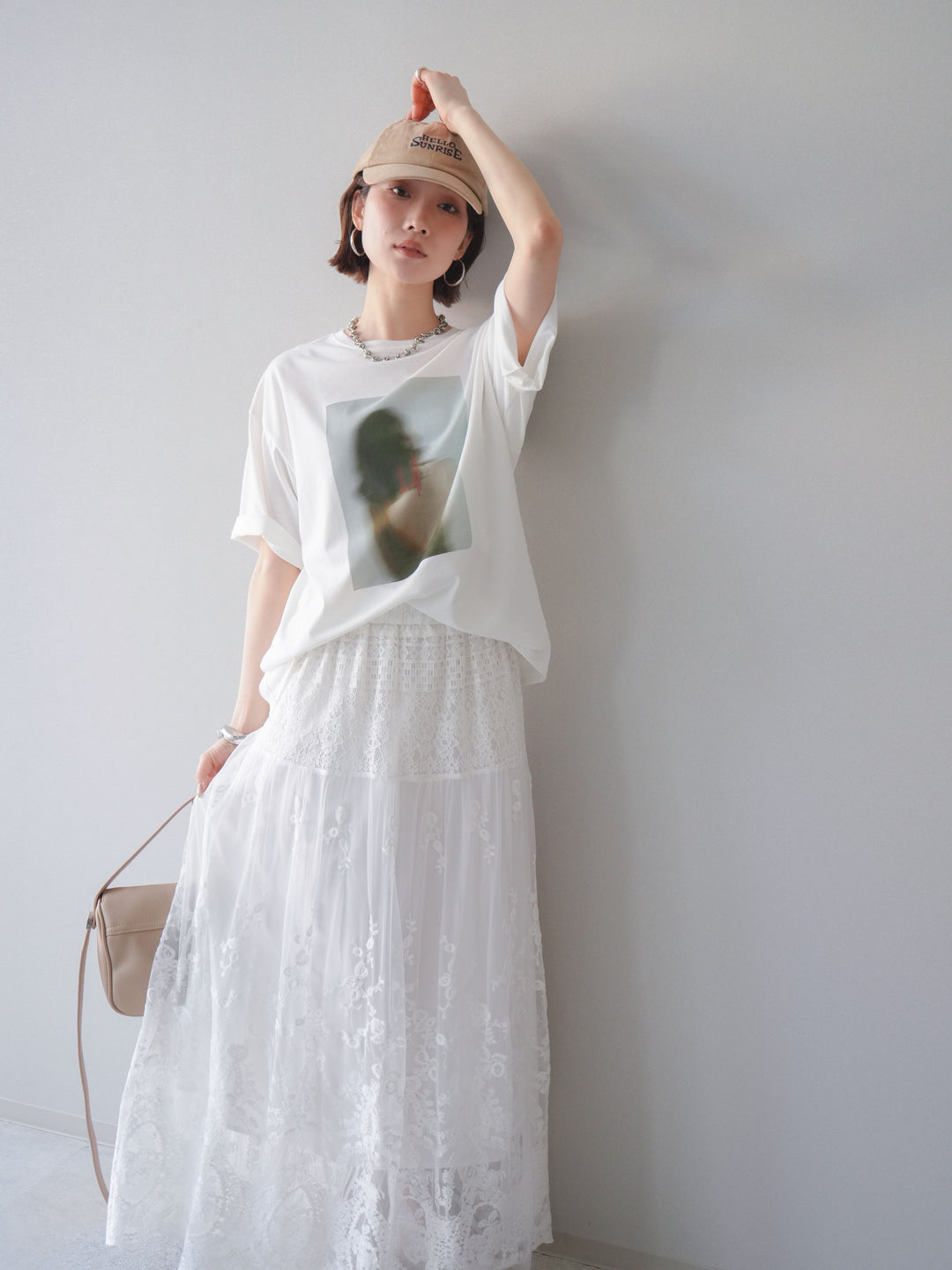 [SET]ブラーアートフォトTシャツ+シアーレースマキシスカート(2set)