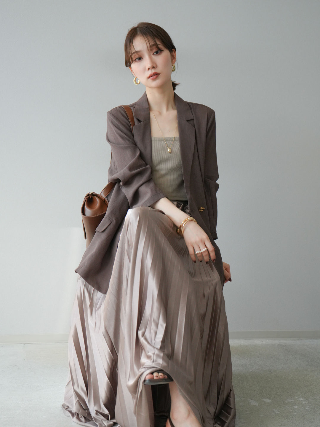 [預購] 金色紐扣透視夾克/棕色