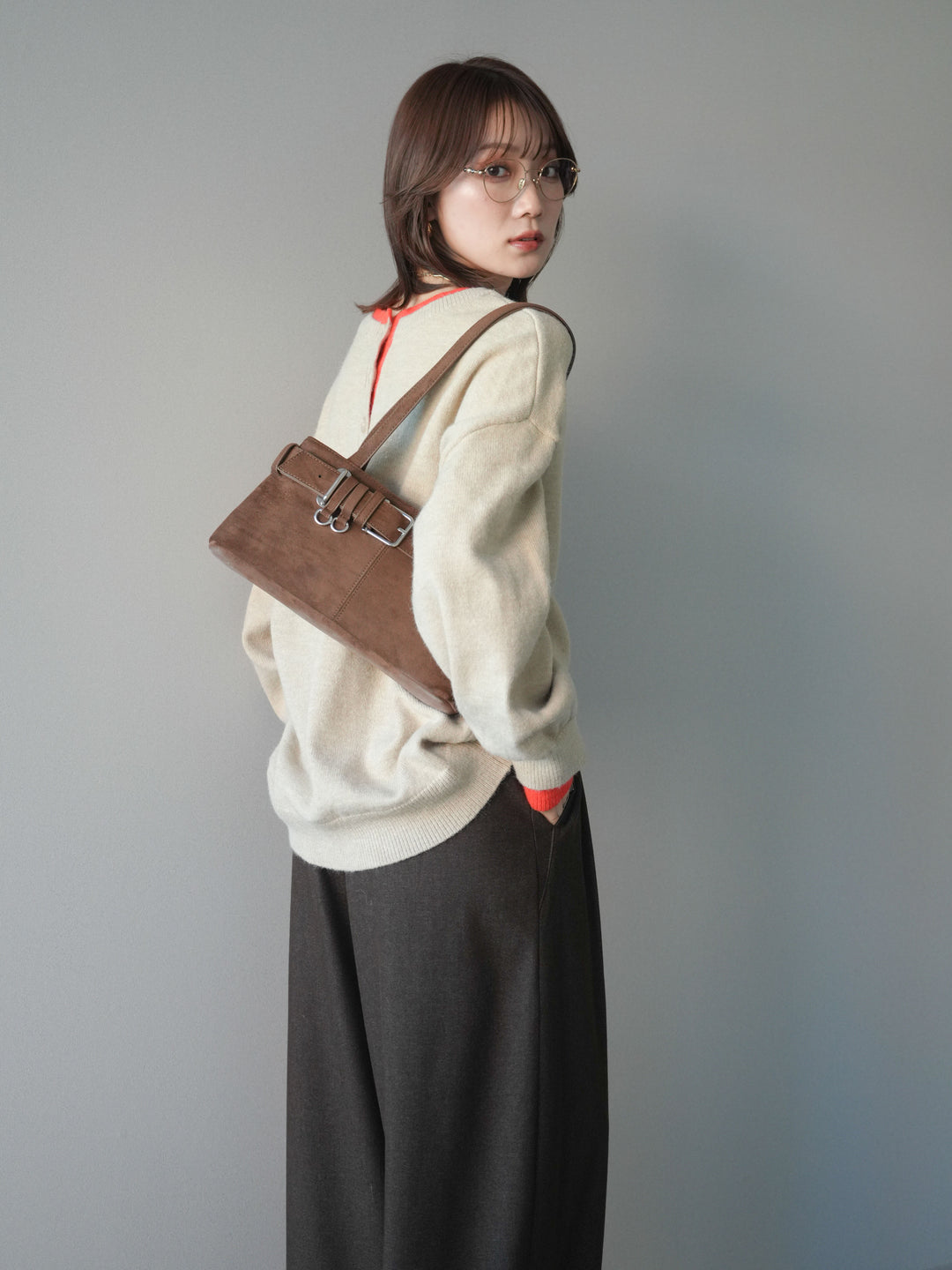 [予約]ヘンリーネック配色レイヤードニットプルオーバー/beige