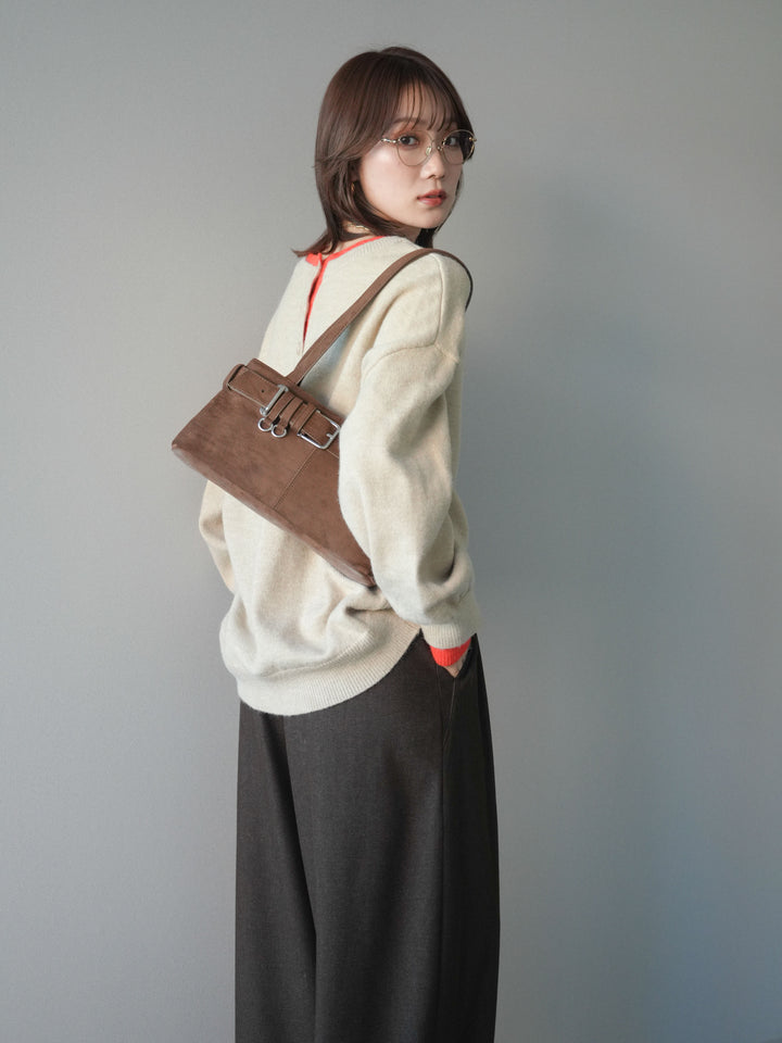 [予約]ヘンリーネック配色レイヤードニットプルオーバー/beige