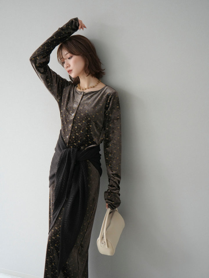 [SET]ベロアフラワープリントカーディガン+ベロアフラワープリントIラインスカート(2set)