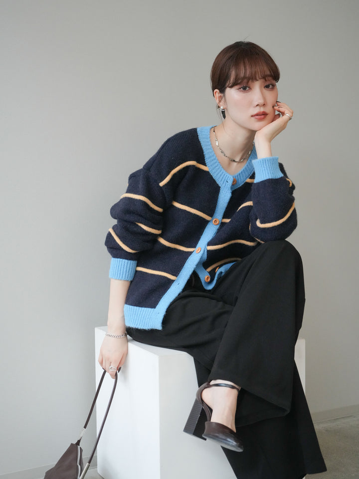 [予約]配色ボーダーニットカーディガン/navy