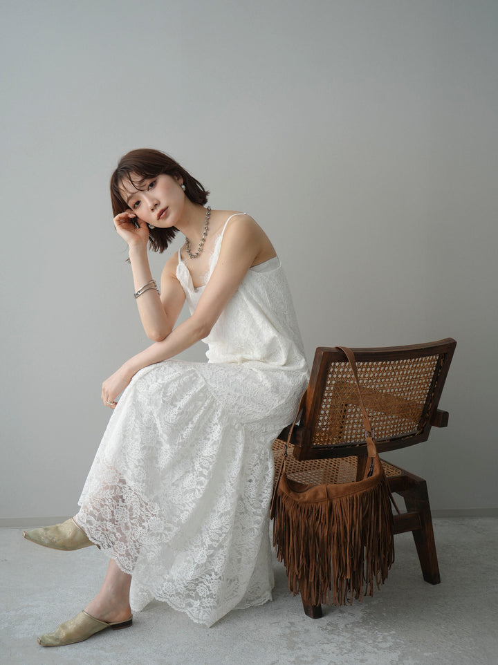 [予約]ギャザー切替レースキャミワンピース/white