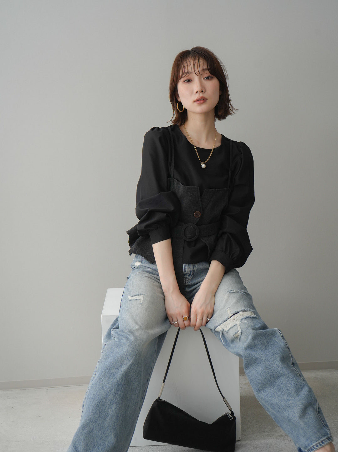 [SET]異素材ビスチェドッキングブラウス+異素材ビスチェドッキングブラウス(2set)