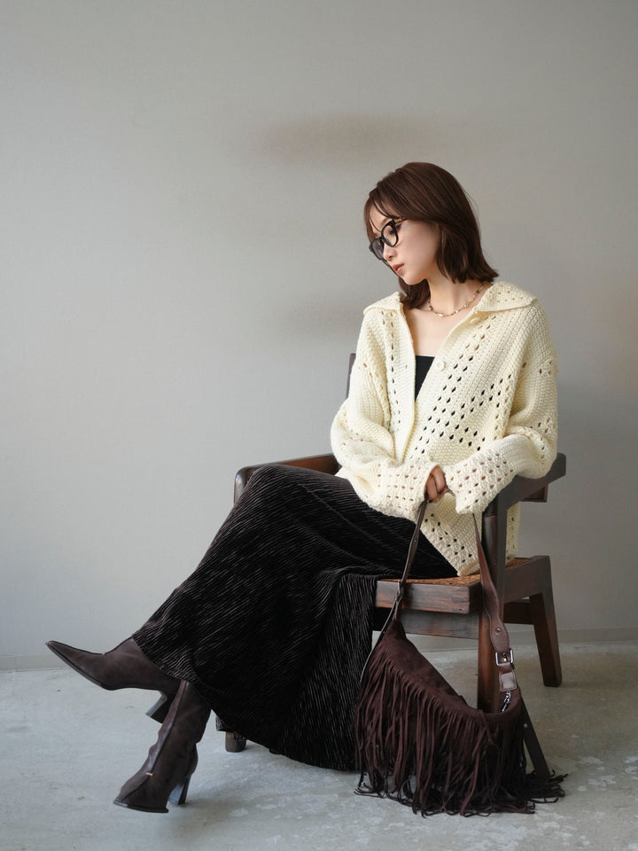 [予約]丸襟透かし編みニットカーディガン/オフ