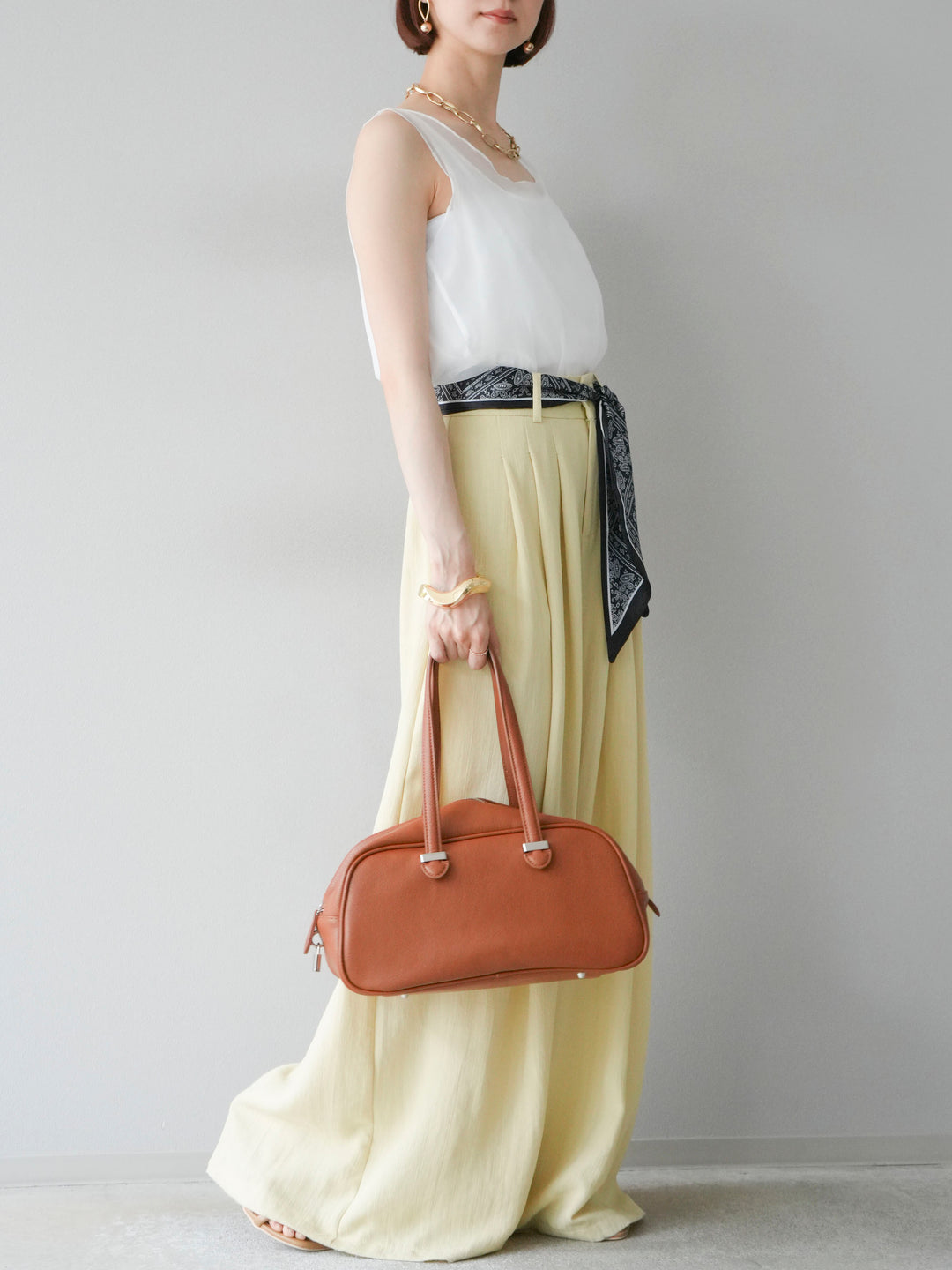 [予約]スカーフベルト付3タックワイドパンツ/イエロー