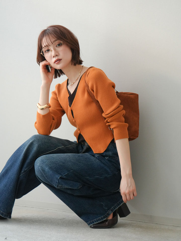 [予約]Vネック配色レイヤードスリットニットトップス/orange