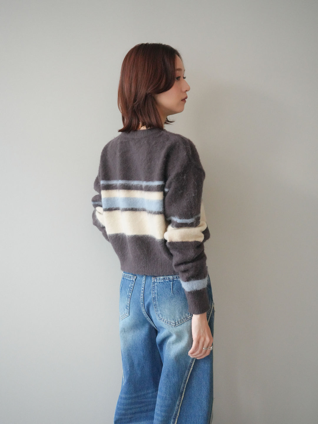 [SET]ソフトタッチボーダークロップドニットプルオーバー+サイドフリンジワイドデニムパンツ(2set)