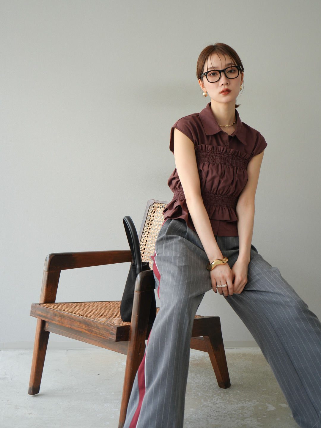 [予約]ブロードシャーリングビスチェ＆ノースリブラウスSET /ブラウン