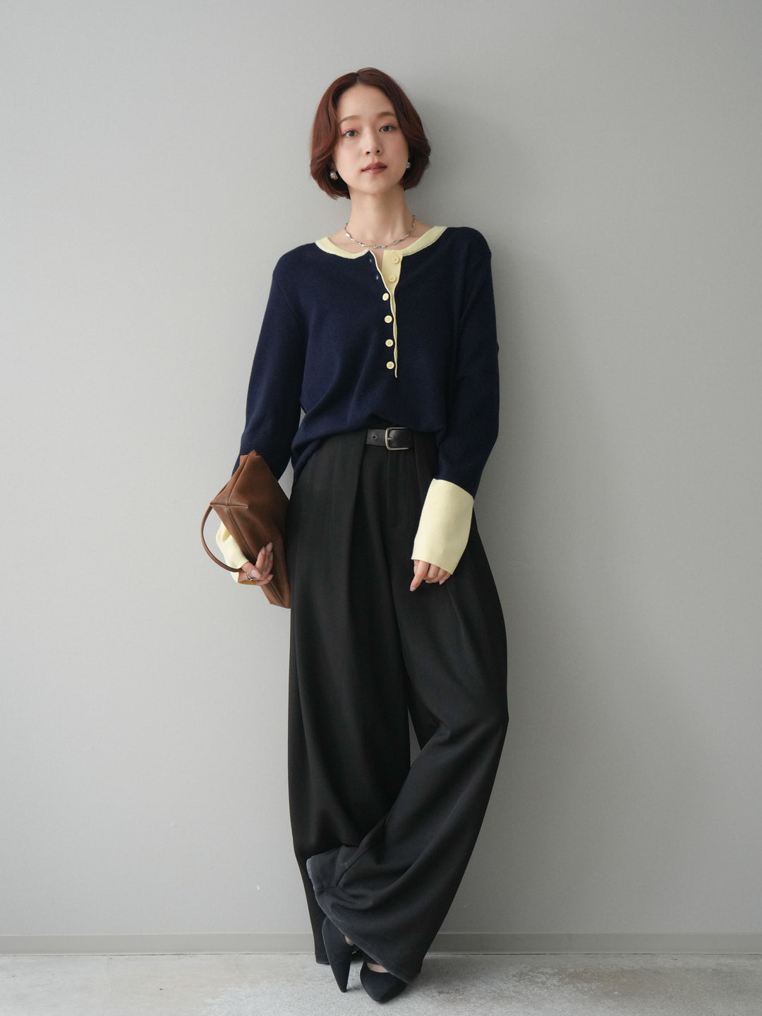 [SET]ヘンリーネック配色ニットソー+ベルトループデザインワイドパンツ(2set)