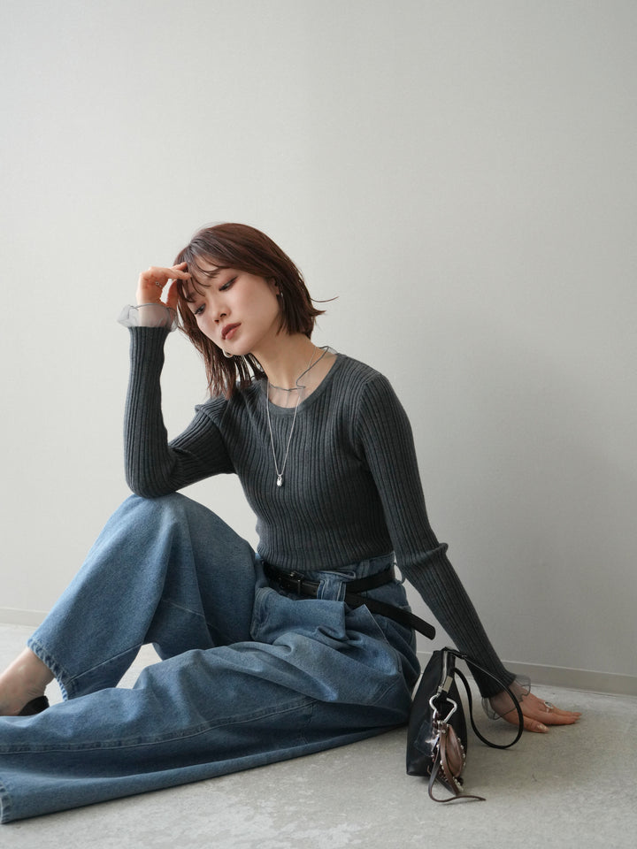 [SET]チュールドッキングリブニットトップス+ハイウエストベルトループデザインデニムパンツ(2set)