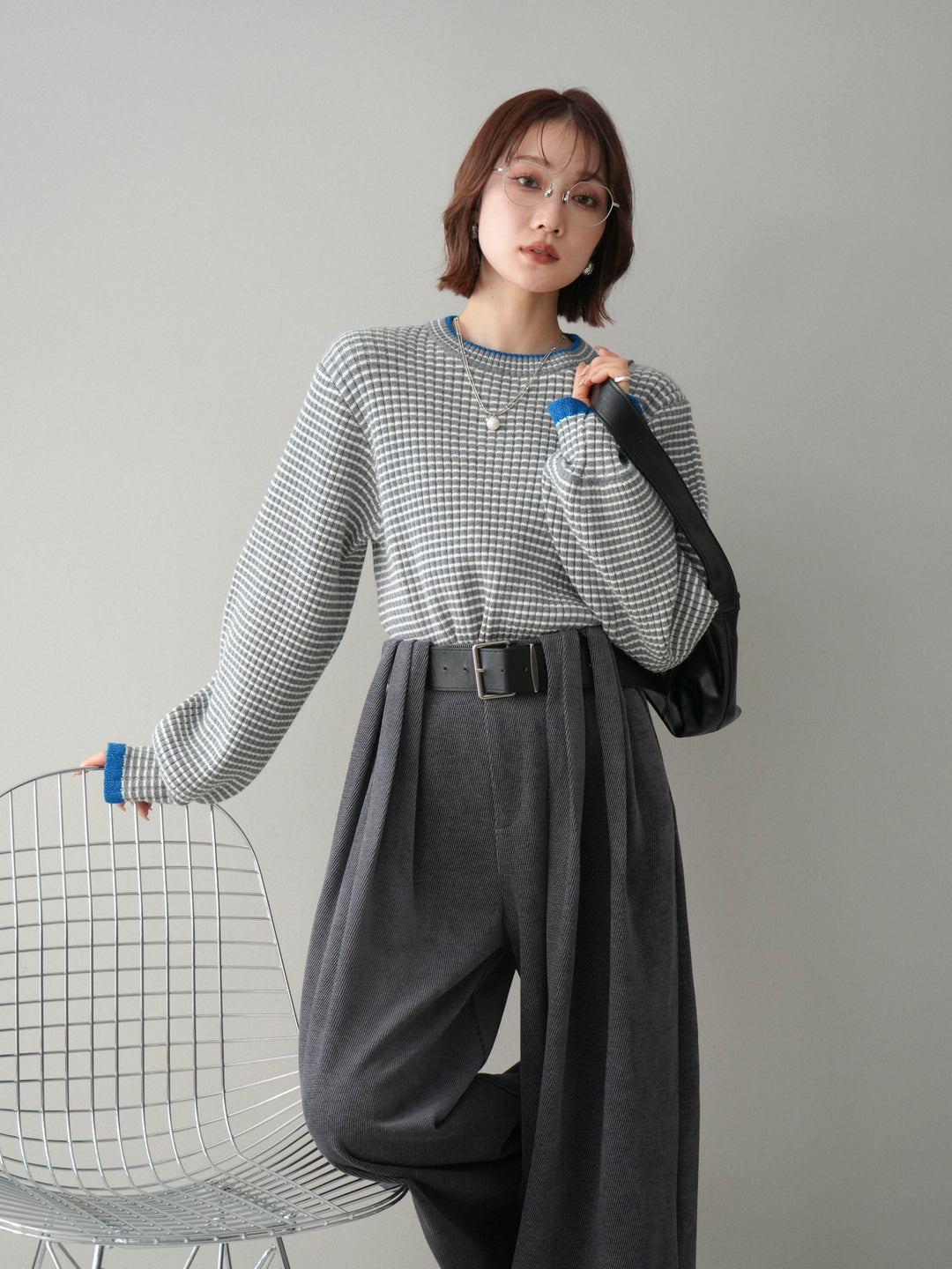 [SET]ラメ異素材ボーダーリブニットプルオーバー+ベルトデザインループコールテンワイドパンツ(ベルト付き)(2set)