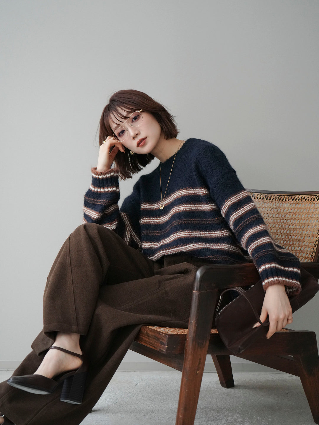 [予約]ステッチボーダーニットプルオーバー/navy