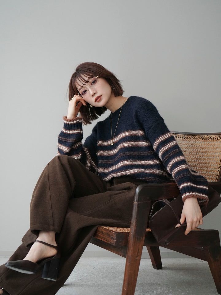 [予約]ステッチボーダーニットプルオーバー/navy