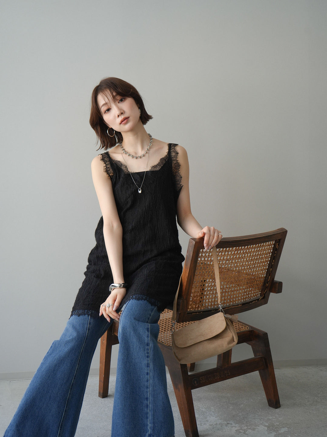 [予約]レース切替ジャガードニットロングキャミソール/black