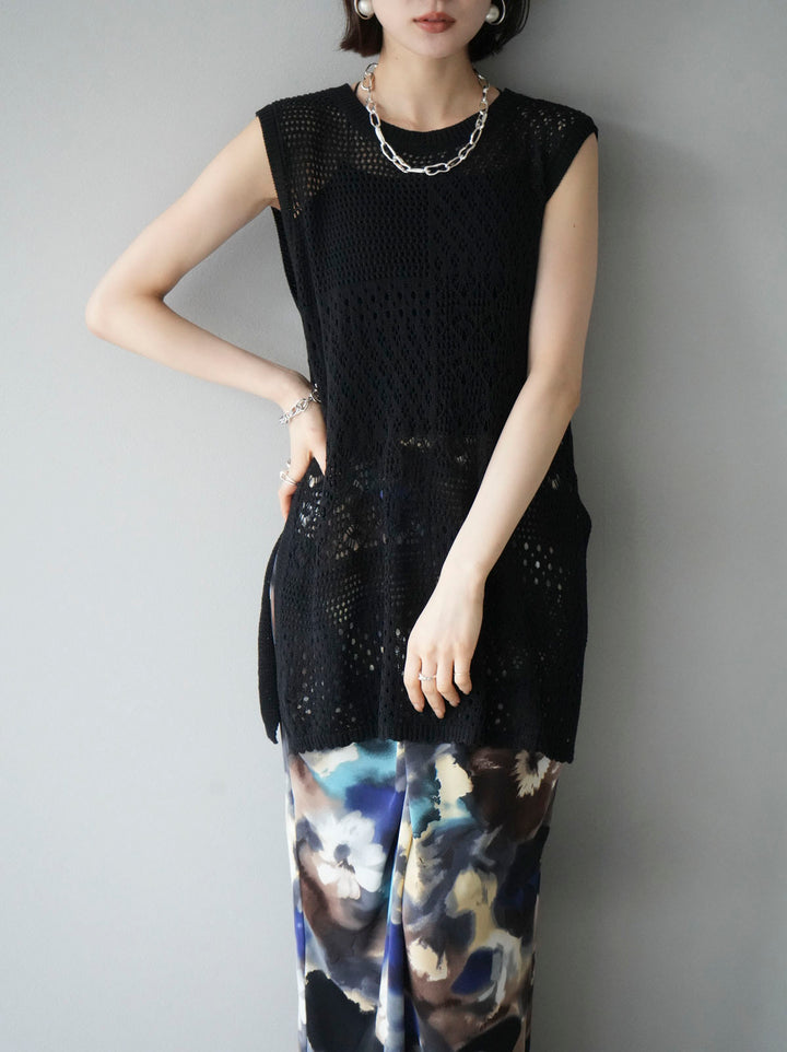 [Pre-order] Openwork side slit knit top/black