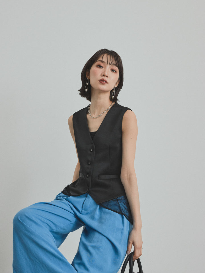 [預購] 緞面 x 蕾絲背心/黑色