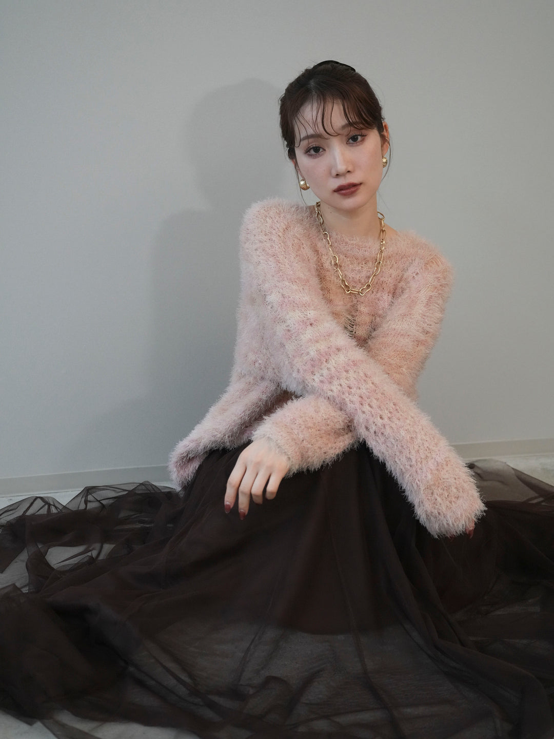 [予約]ミックスシャギールーズニットプルオーバー/pink