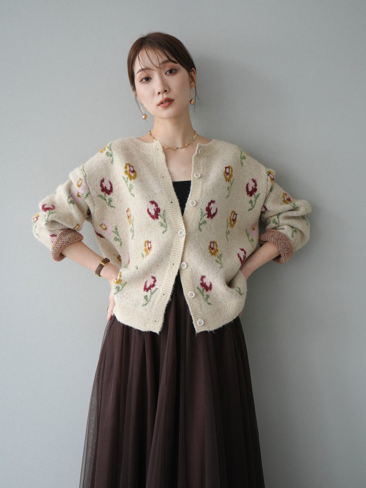 [予約]ウールタッチフラワーニットカーディガン/アイボリー