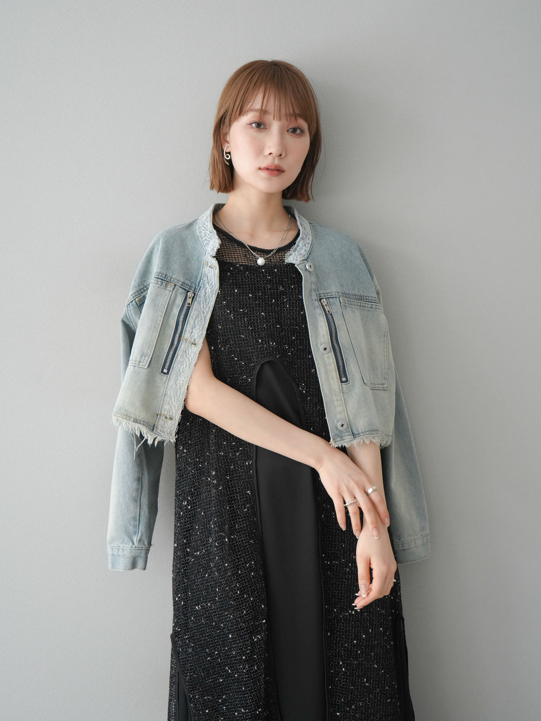 【預購】前開衩網紗連身裙/黑色