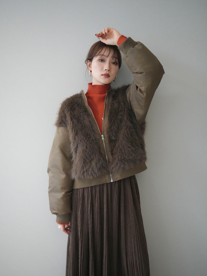 [SET]ファードッキングMA-1+袖ボタンボトルネックリブニットトップス+裾レーススウェードプリーツマキシスカート(3set)