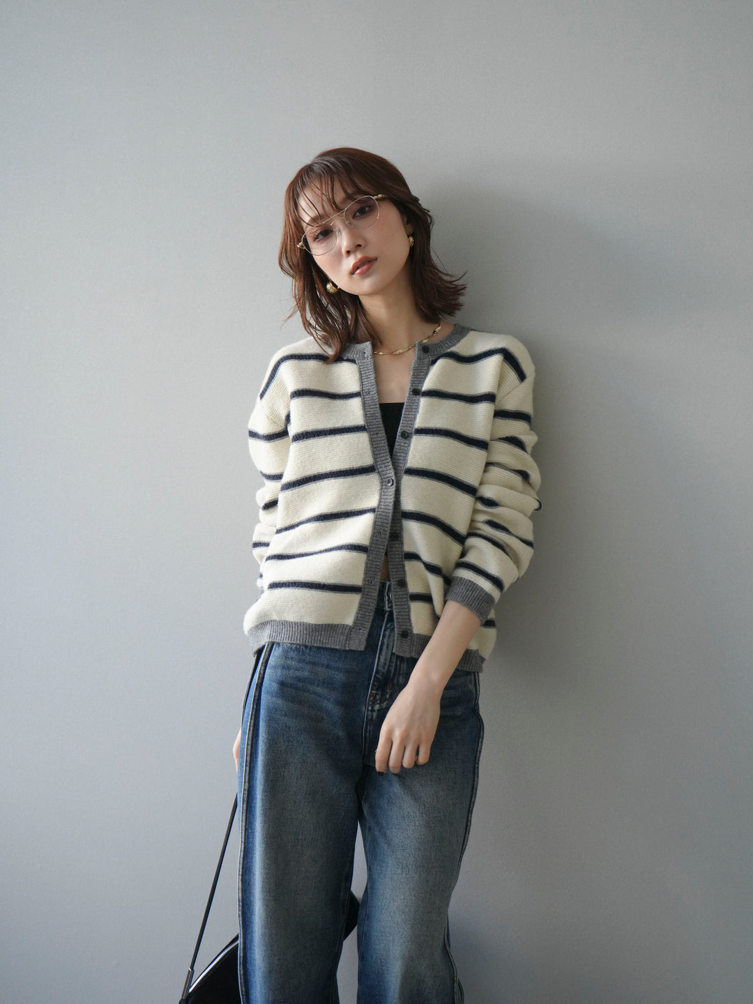 [予約]配色ボーダーニットカーディガン/apricot