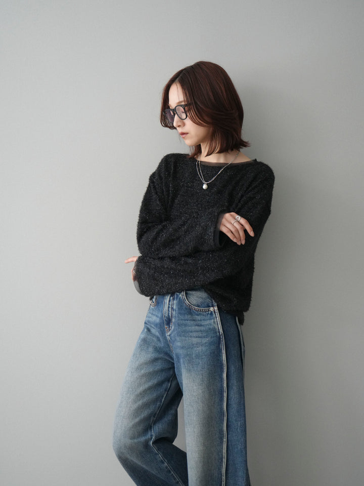 [SET]ラメシャギートップス+サイド切替カーブデニムパンツ(2set)