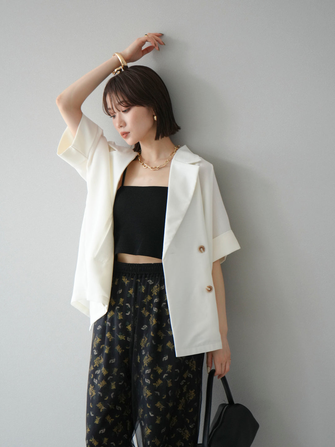 [SET]リネンライクハーフテーラードジャケット+コード刺繍チュールレイヤードパンツ(2set)