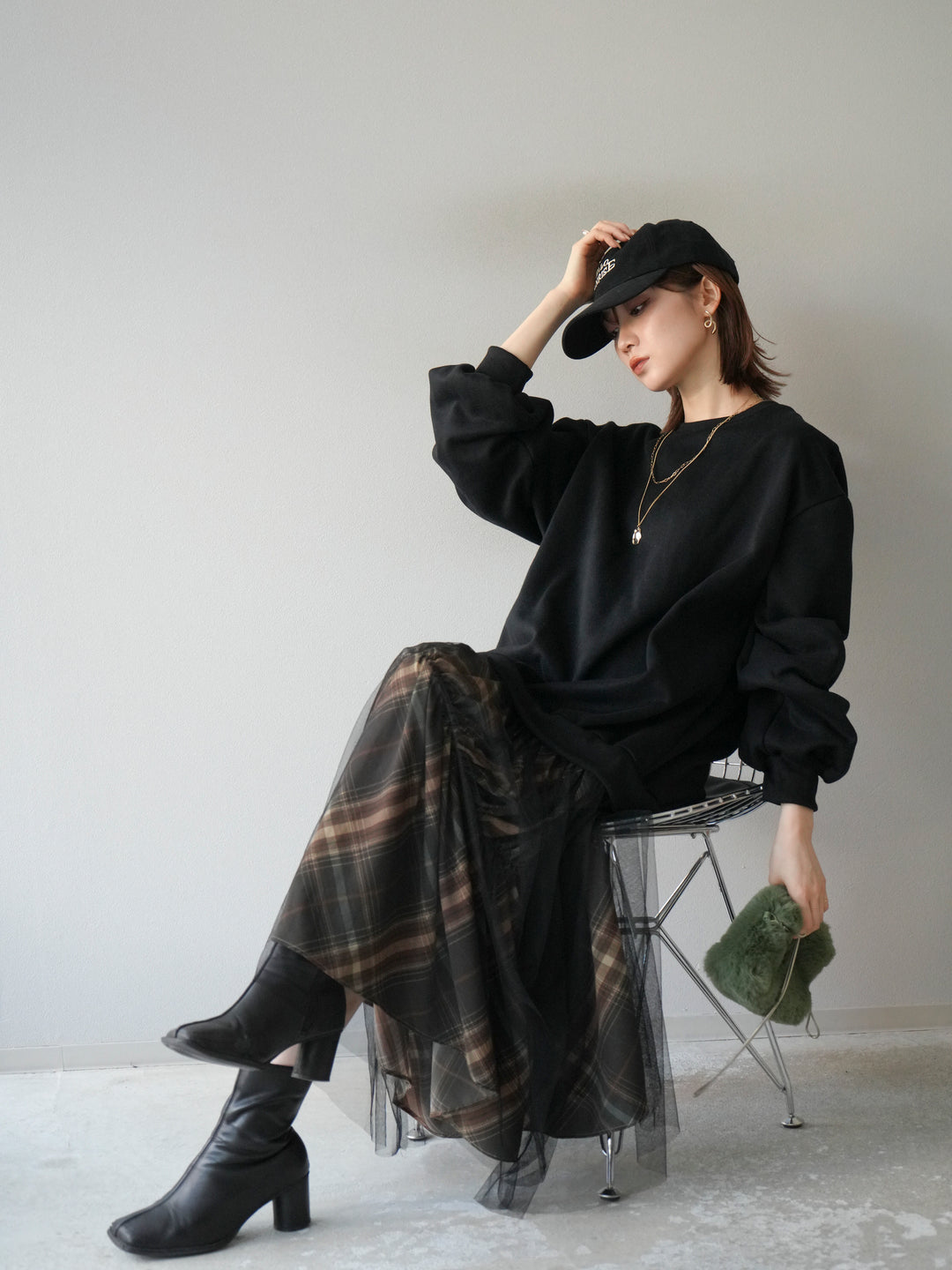 [予約]スウェットドッキングチェック柄レイヤードワンピース/ブラック