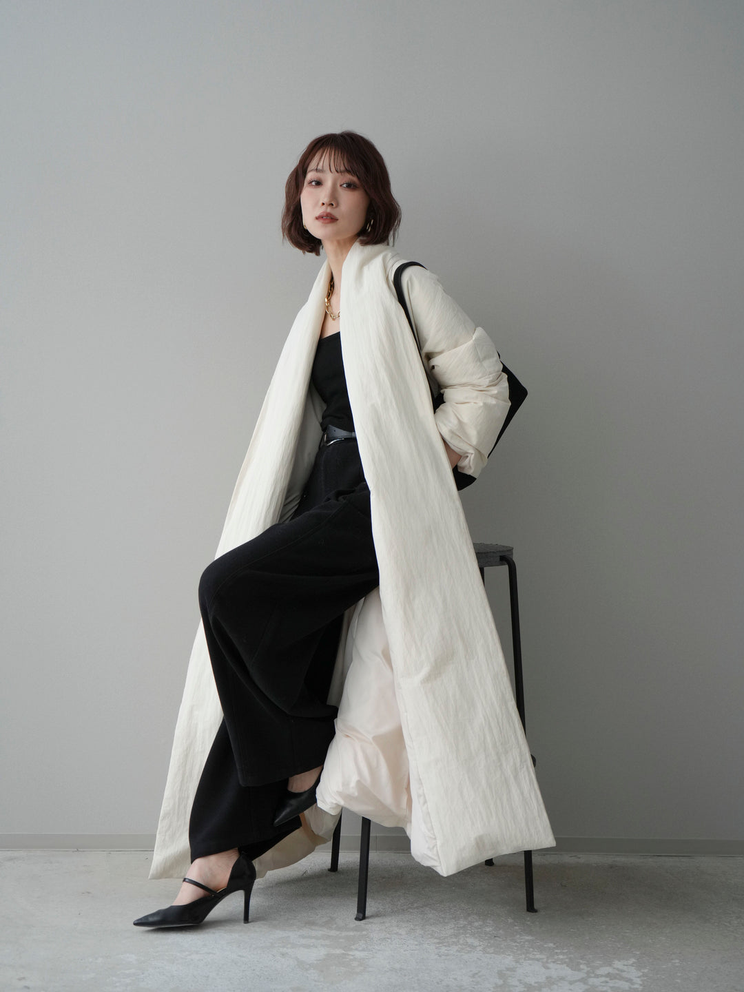 [SET]ロングダウンコート+ベルト付起毛コクーンパンツ(2set)