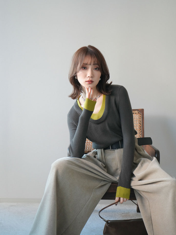 [SET]Uネック配色レイヤードリブニットトップス+選べるアクセセット(2set)